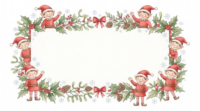 Festive rectangular frame with elf characters, holly, and red berries on a white background, evoking Christmas cheer