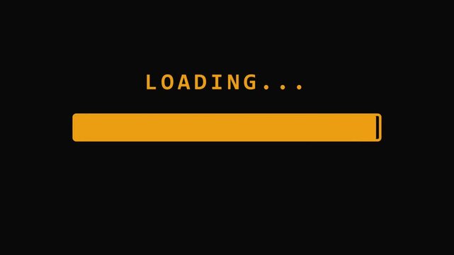 Retro pixel art loading bar animation, vintage computer interface with amber text on black background, digital progress indicator for gaming