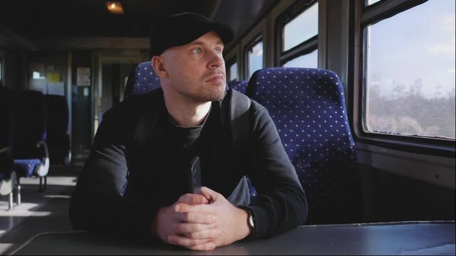 Thoughtful solo traveler sits by train window with smartphone in hand and enjoys scenic rail journey with quiet reflection slow travel and peaceful time alone.