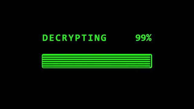 Green terminal style decrypting progress bar, retro computer interface with 99 percent loading status, cybersecurity data decryption animation