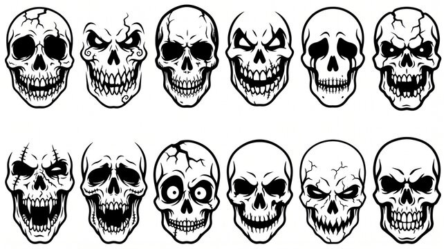 A collection of twelve diverse black and white cartoon skull faces arranged in a grid pattern