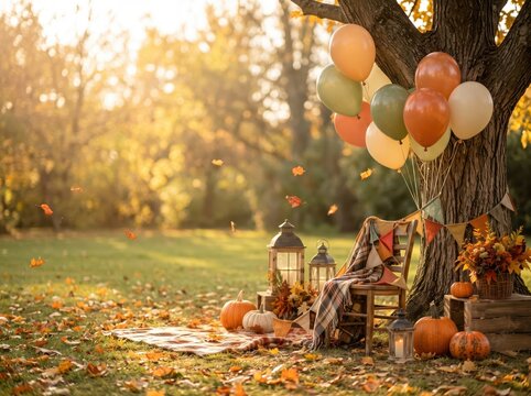 Cozy outdoor autumn birthday celebration decorated with balloons, bunting, pumpkins and lanterns beneath a tree