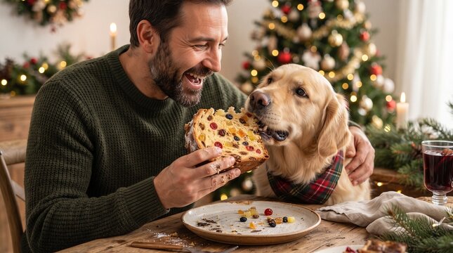 A man shares a slice of festive fruitcake with his golden retriever dog in a heartwarming Christmas scene, complete with a decorated tree and candles.