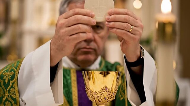 Catholic Priest Elevating the Eucharistic Host Above a Golden Chalice During Mass, Sacred Christian Liturgy Scene of Holy Communion, Consecration, Faith, Worship, Prayer and Spiritual Devotion