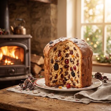 A festive panettone, adorned with dried fruit and a dusting of powdered sugar, rests on a plate beside a crackling fireplace, creating a cozy and inviting holiday atmosphere.