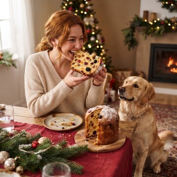 A joyful woman enjoys a slice of festive fruitcake at a holiday table, with her golden retriever companion watching eagerly, set against a cozy Christmas scene with a decorated tree and fireplace.
