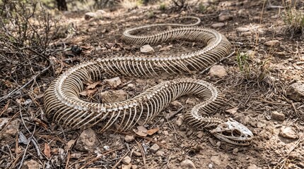 Obraz premium Complete Snake Skeleton Remains Resting on Wet Muddy Ground in Forest High Angle View