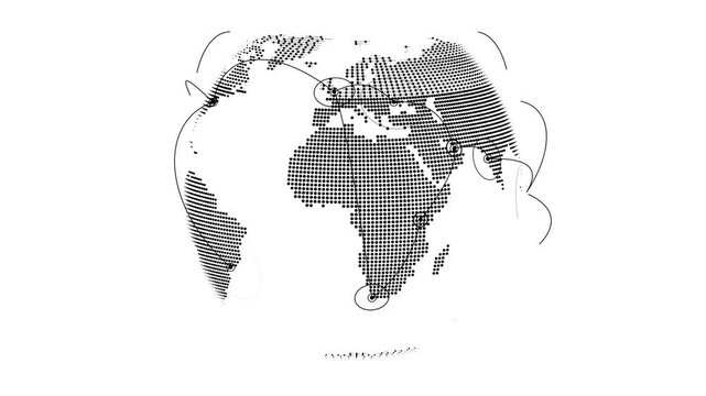 HUD world map digital rotating globe transforming into flat world map displaying global network lines with futuristic interface elements and dark background.