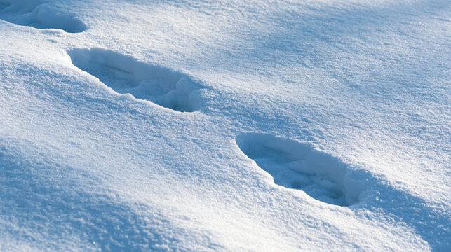 Footprints in the Snow: A close-up view of footprints pressed into a blanket of fresh snow, illuminated by soft sunlight, hinting at a journey or recent passage.