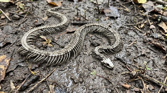 Intricate Snake Skeleton with Curved Spine and Ribs on Muddy Ground Covered with Fallen Leaves