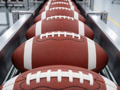 A long line of brown leather balls with white laces moving along a sleek industrial conveyor belt.