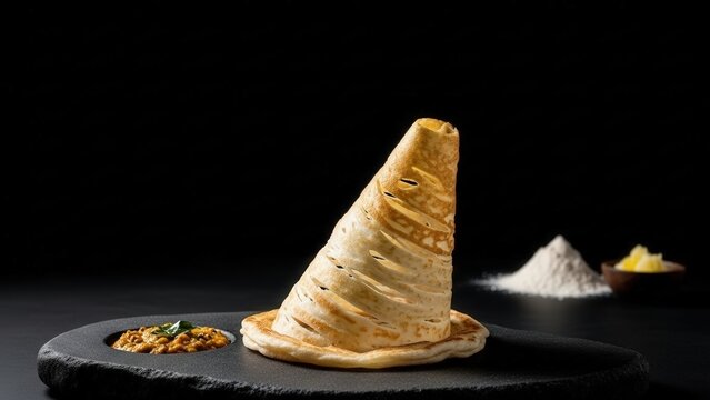 Fine dining presentation of Roti Canai flaky flatbread with dhal curry on a dark stone surface with dramatic negative space, featuring ghee and raw flour in the background.