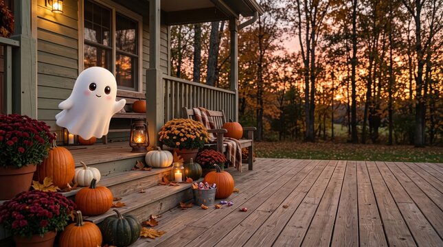 Adorable cartoon ghost floating above a pumpkin decorated porch with candy basket at sunset
