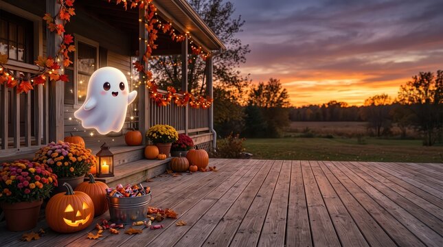 Adorable cartoon ghost floating above a pumpkin decorated porch with candy basket at sunset