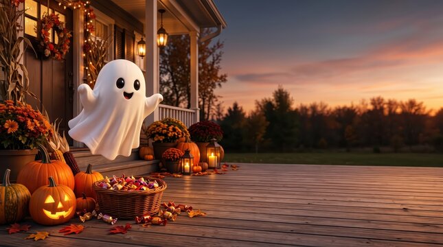 Adorable cartoon ghost floating above a pumpkin decorated porch with candy basket at sunset