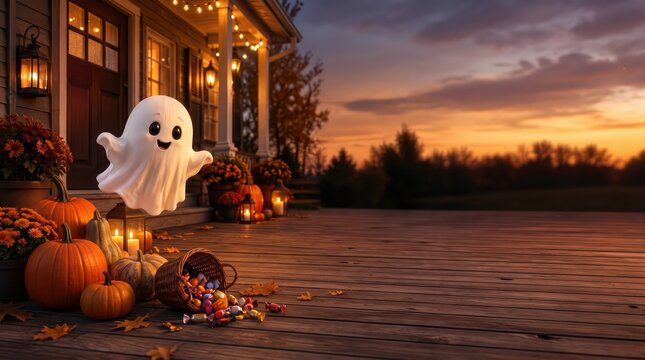 Adorable cartoon ghost floating above a pumpkin decorated porch with candy basket at sunset