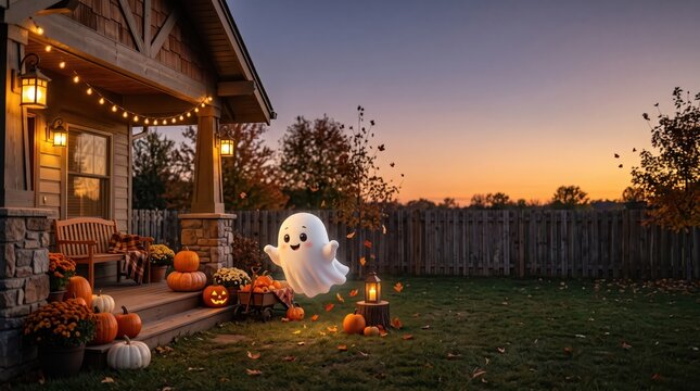 Adorable cartoon ghost floating above a pumpkin decorated porch with candy basket at sunset
