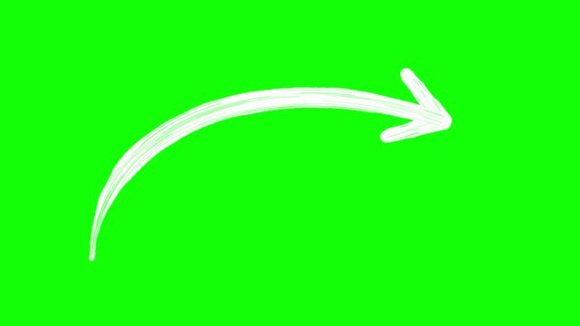 Thick white hand-drawn straight diagonal chalk arrow pointing to the bottom right with shaky rough line and open V head, boiling jitter and repeating push loop animation on green screen background