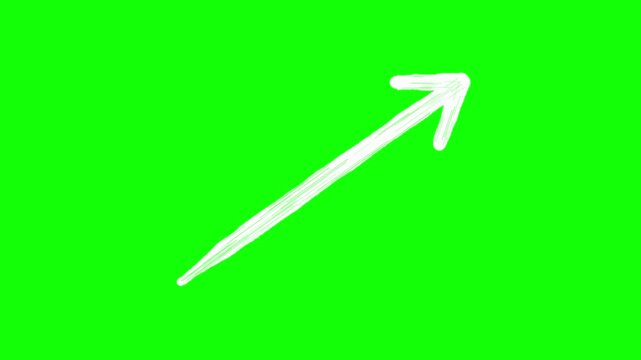 Thick white hand-drawn straight diagonal arrow pointing to the top right with long shaft and open V head, boiling jitter and repeating push loop animation on green screen background