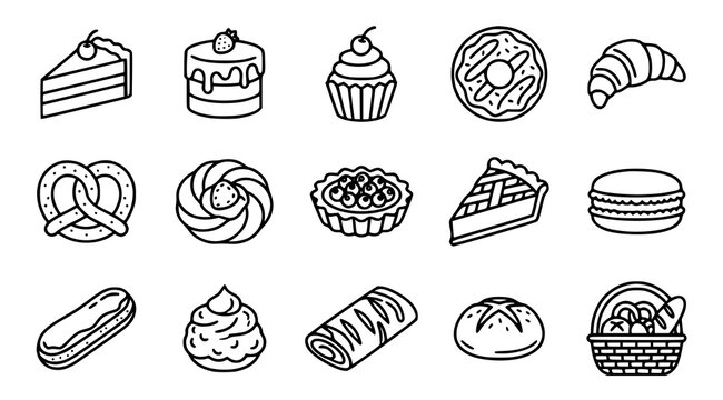 Minimal Bakery Cakes and Pastries Outline Vector Set