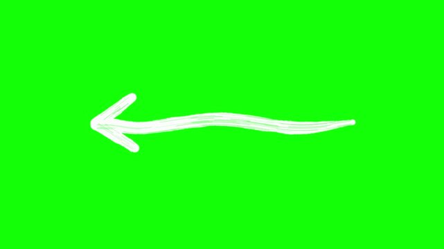 Thick white hand-drawn horizontal arrow pointing left with slightly wavy shaft and open V head, boiling jitter and repeating push to the left loop animation on green screen background
