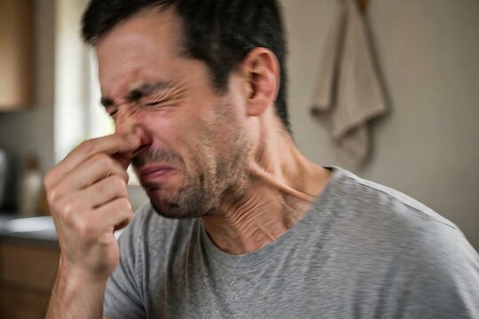 Caucasian man pinching his nose and grimacing in disgust reacting to a terrible foul smell or stench in a home setting, digital painting illustration