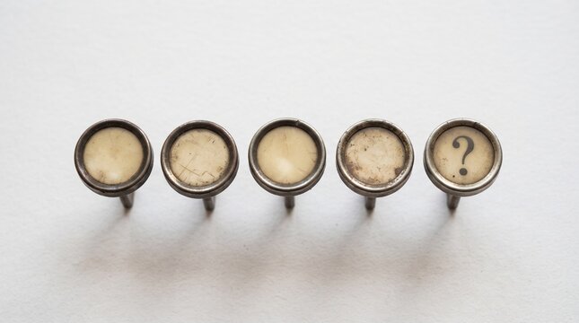 vintage typewriter keys in a row with blank faces and a single question mark on a white background