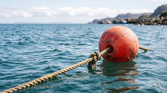 Floating net buoy attached to rope in tranquil sea with shoreline in background. The bright red buoy signifies fishing or navigation, showcasing maritime themes with clear blue water and coastal view.