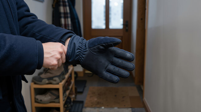 Person putting on warm winter gloves in hallway. Close up of man dressing for cold weather indoors. Winter season preparation