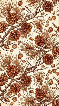 Seamless rustic woodland pattern with pine tree branches, cones and