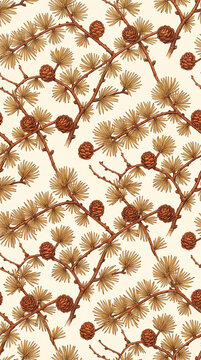 Seamless autumn larch tree pattern with golden pine needles and small cones
