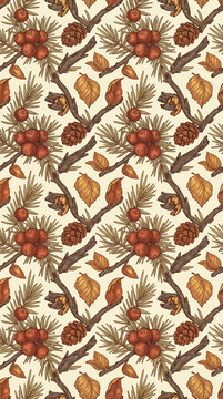 Seamless autumn juniper pattern with mature berries, pine cones and needles
