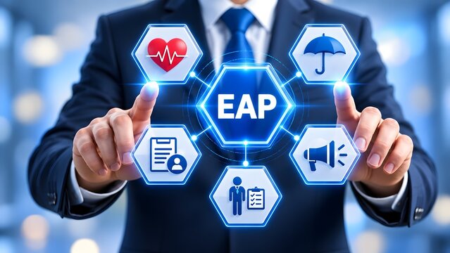 Executive in a blue suit touching a glowing hexagonal EAP digital interface. Concept of human resources management and corporate employee benefits.