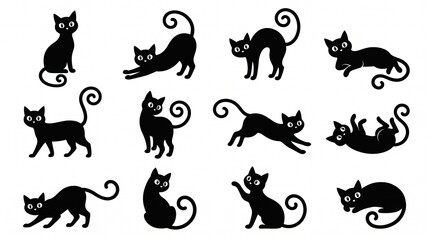 Obraz premium A collection of twelve black cat silhouettes in various playful poses isolated on a white background with movements resting positions