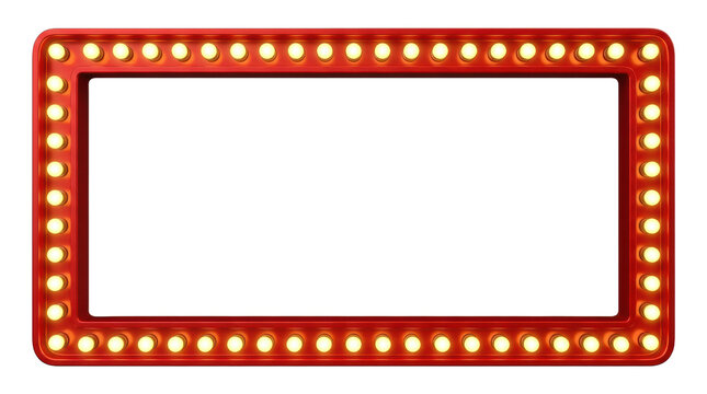 Red marquee-style rectangular frame with glowing yellow bulbs on white background