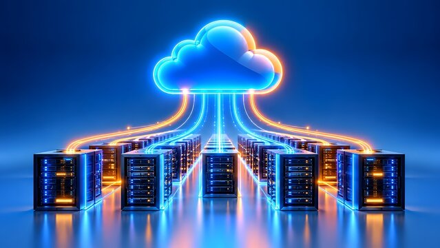 Glowing digital cloud connected to server racks by luminous data streams. Concept of enterprise cloud computing and network infrastructure.
