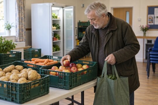 An older man chooses fresh produce for a reusable bag at a dignified community food-sharing table.  