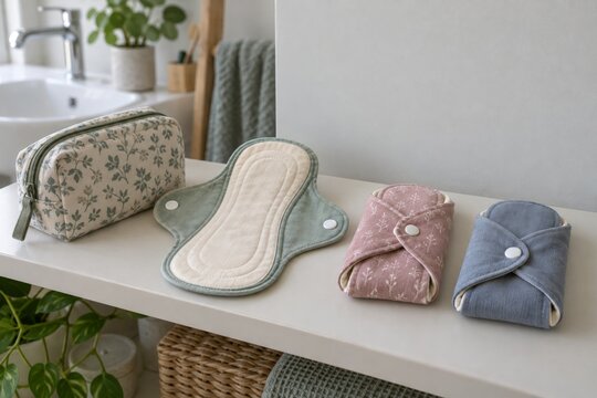 Clean reusable cloth menstrual pads and a washable storage pouch are arranged on a bathroom shelf.