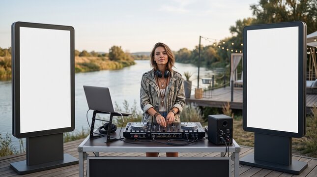 Female DJ Performing at Outdoor Riverside Event with Blank Advertising Displays