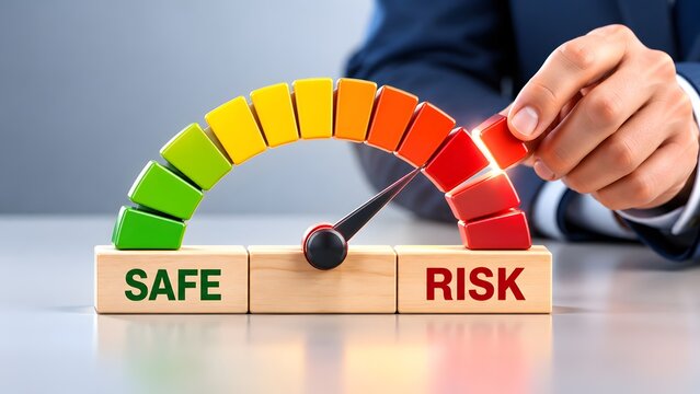 Executive hand adjusting a colorful risk meter gauge with wooden blocks. Concept of corporate financial assessment and crisis protection.