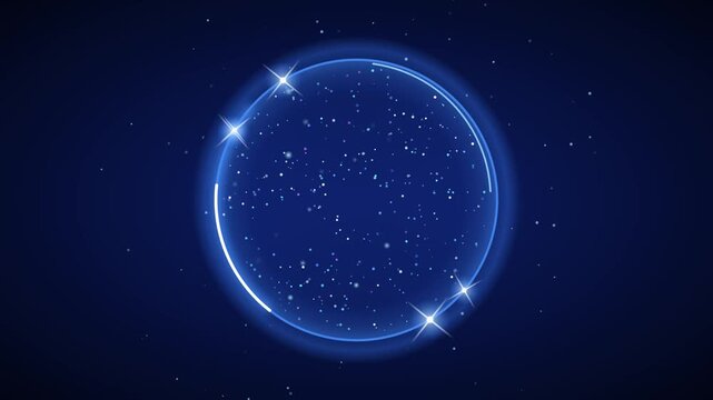 Glowing blue circle frame with bright twinkling stars rotating across dark cosmic background motion clip