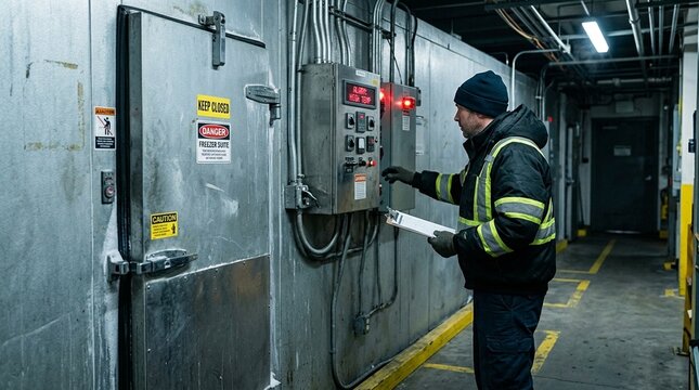 Worker checking cold room alarm panel for temperature alerts, cold storage safety monitoring