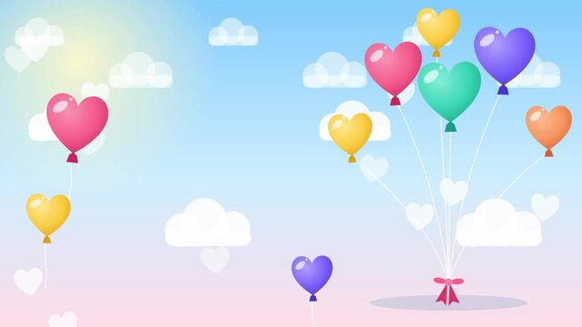 Colorful heart shaped balloons floating up into the bright blue sky vector motion graphics footage clip