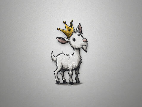 A standing, front-facing cartoon goat with a gold crown in style against a gradient gray background The illustration features soft, fluffy fur and playful details, with the focu - AI-Generated