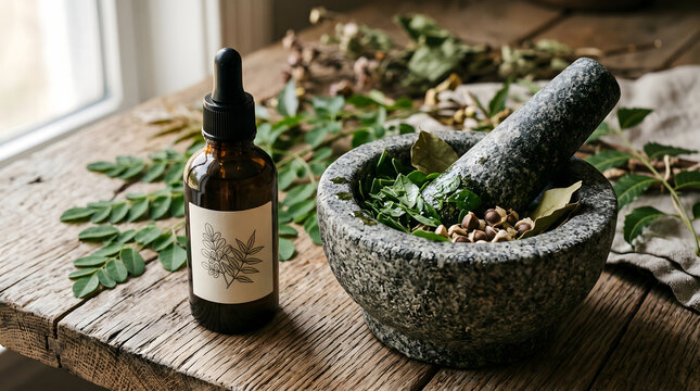 Natural herbal medicine with a mortar and pestle and a dropper bottle of essential oil on wood