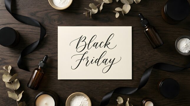 Black friday skincare sale promotional banner featuring amber glass cosmetic bottles, jars, white powder bowls, eucalyptus branches, and black ribbon on a dark wooden background for seasonal shopping.