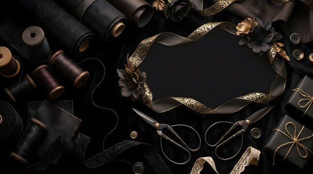 Black friday sewing supplies sale banner with dark fabric rolls, spools of thread, vintage scissors and golden ribbon. Luxury tailoring discount promotion. Elegance handicraft shopping event.
