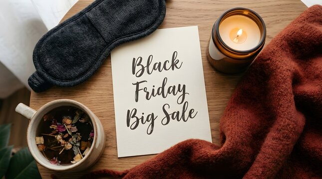 Black Friday big sale sign card on a wooden table with a lit candle, herbal tea, and sleep mask. Cozy autumn shopping promotion background for online retail discounts and special offers.