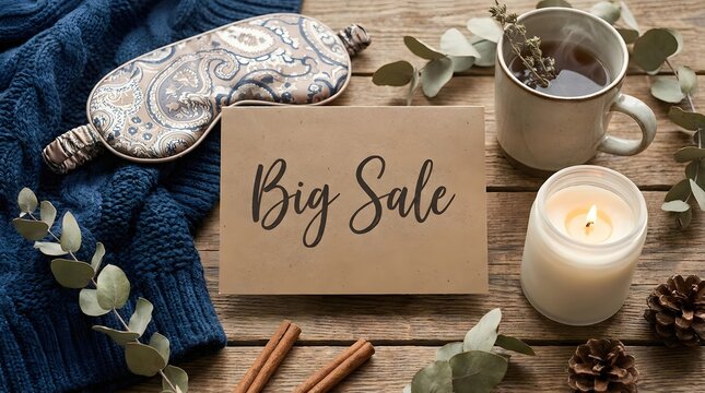 Cozy Black Friday shopping banner featuring a card with big sale text on a wooden background. Warm lifestyle composition with autumn elements and candles. Special seasonal discount offer presentation.