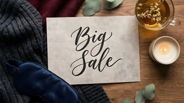 Black Friday big sale promotional banner with handwritten lettering card, cozy sweater, sleep mask, herbal tea and lit candle on wooden background. Retail discount event marketing advertisement.